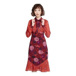 ModCloth x Anna Sui Floral Print Midi Dress Tie Neck Long Sleeve Size 2